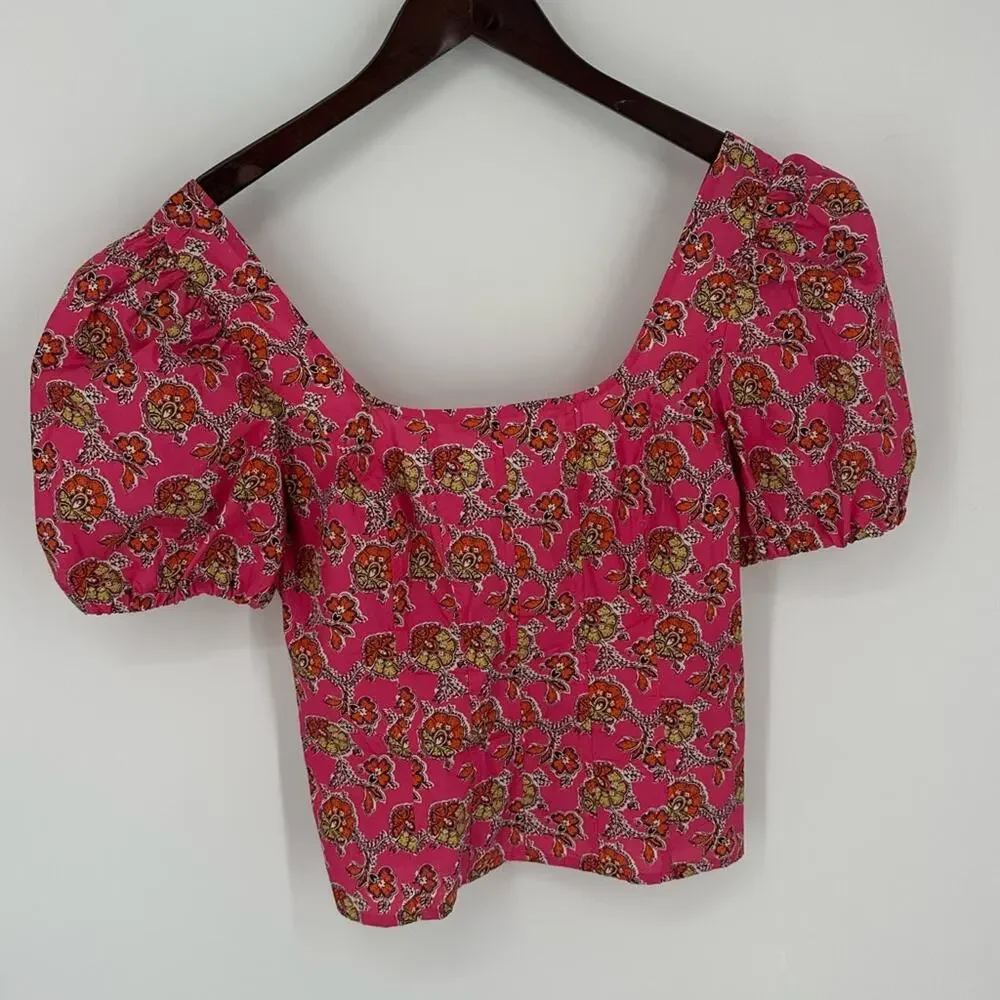 J. Crew Collection Puff-sleeve squareneck top in Ratti® pink blooms print Sz 4